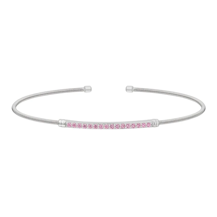 Ladies zen peace bracelets -Rhodium Finish Sterling Silver Cable Cuff Bracelet with Simulated Pink Sapphire Birth Gems - October