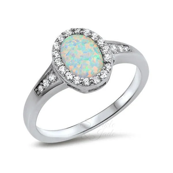 Ladies Rings with Sun Spark-Sterling Silver Oval Created White Opal Halo Ring