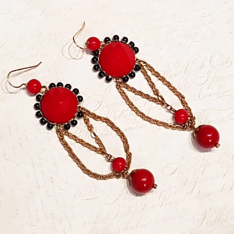 Ladies Earrings with Oval Shine-Askew London Earrings Chandelier Black Red Gold Glass unsigned