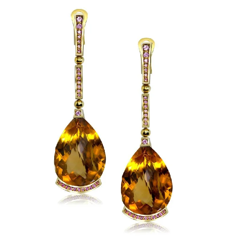 Ladies Earrings with Yellow Xenotime-Gold Swan Drop Earrings with Honey Citrine & Sapphires