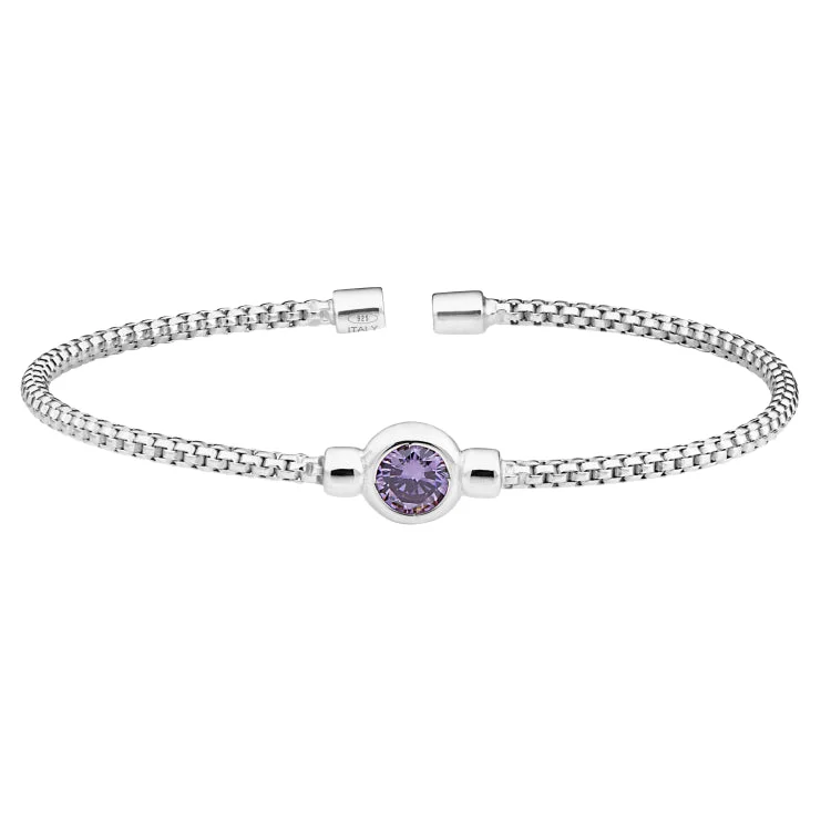 Ladies seaside ripple bracelets -Rhodium Finish Sterling Silver Rounded Box Link Cuff Bracelet with Bezel Set Simulated Light Amethyst Birth Gem