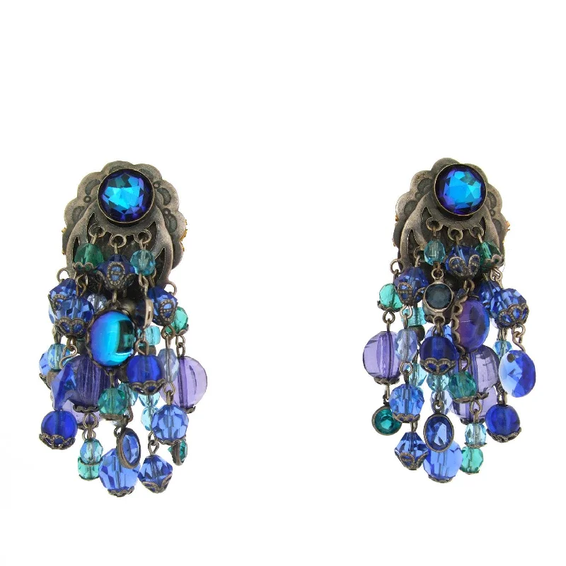 Ladies Earrings with Mint Serpentine-Askew London Chandelier Clip on Earrings Blue Beaded Silver Large