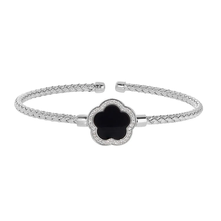 Ladies rolling wave bracelets -Rhodium Finish Sterling Silver Basketweave Cable Cuff  Bracelet with a Flower Shaped Onyx Stone and Simulated Diamonds