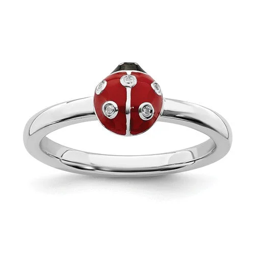 Ladies Rings with Flame Spark-Sterling Silver Stackable Expressions Red & Black LadyBug Diamond Ring