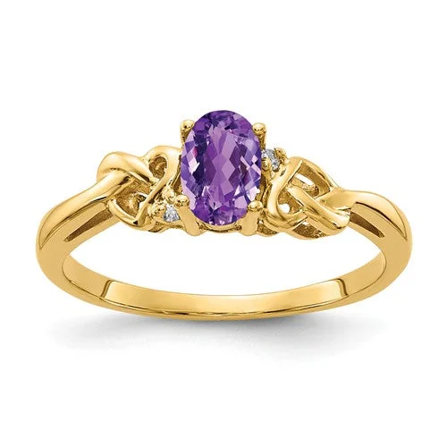 Ladies Rings with Blue Jeremejevite-14k Yellow Gold 6x4mm Oval Amethyst and AA Diamond Heart Knot Side Ring