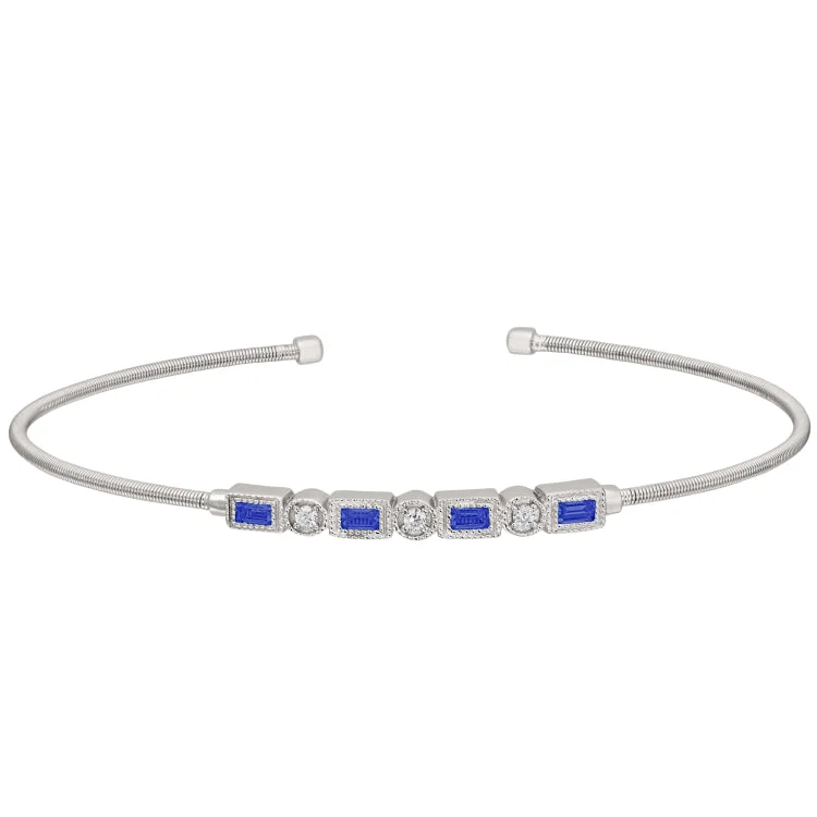 Ladies sunbeam glow bracelets -Rhodium Finish Sterling Silver Cable Cuff Bracelet with Simulated Sapphires and Simulated Diamonds