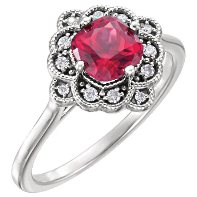 Ladies Rings with Ruby Glow-14k White Gold Cushion Lab Created Ruby & 1/10 CTW Diamond Floral Halo Ring