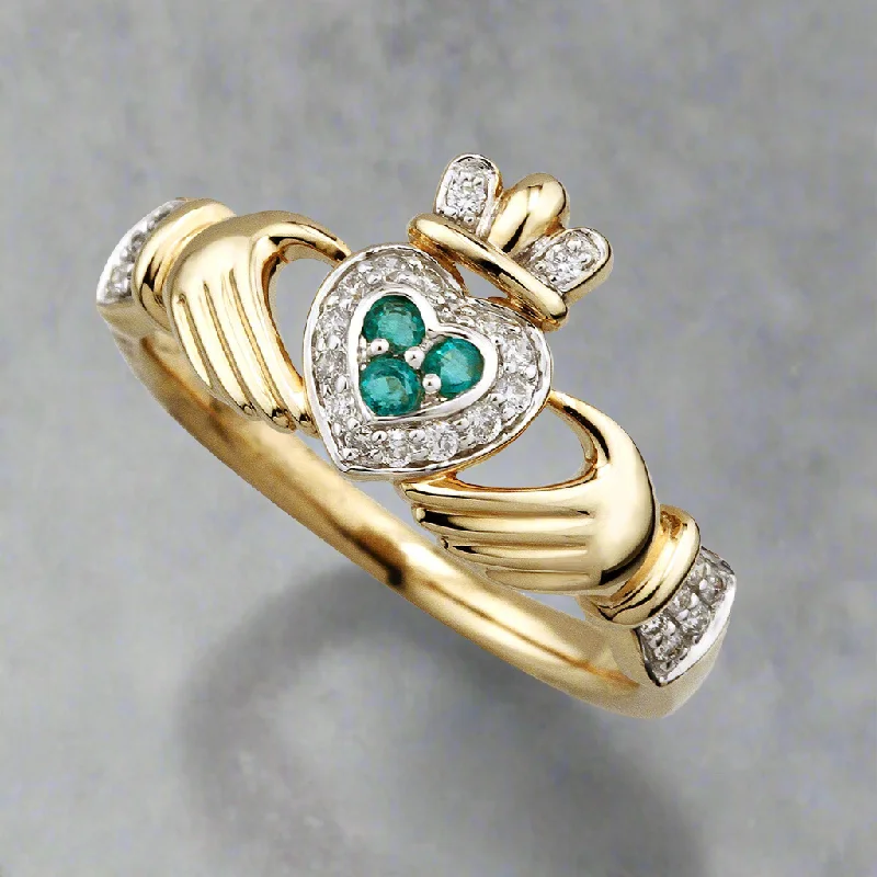 Ladies Rings Sterling Glow-14K Diamond & Emerald Claddagh Ring