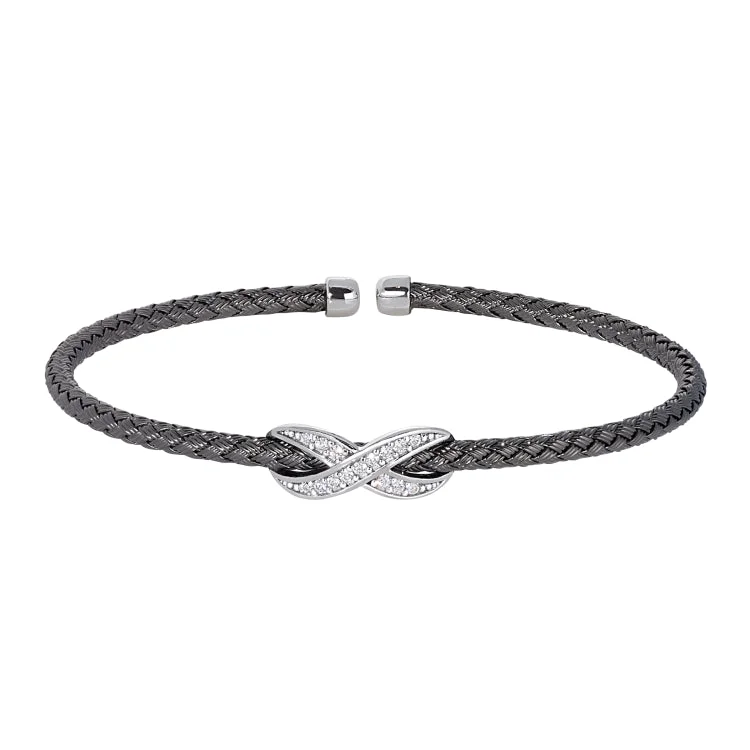 Ladies matching couple bracelets -Black Rhodium Finish Sterling Silver Basketweave Cable Cuff  Bracelet with Rhodium Finish Infititry With Simualated Diamonds