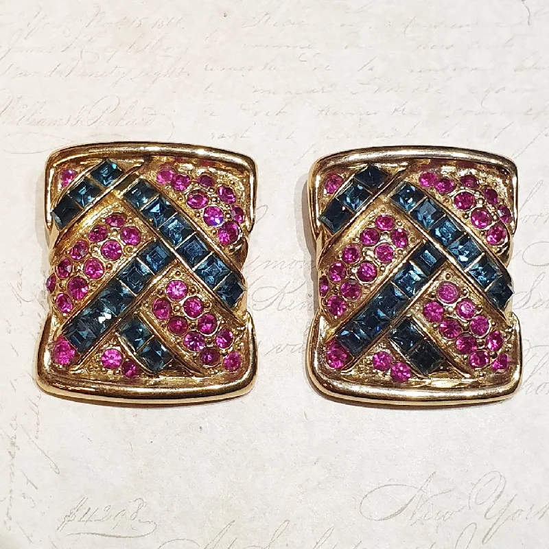 Ladies Earrings for Bestie Shine-YSL Earrings Vintage Clip On Gold Pink Blue Crystal Sqaure