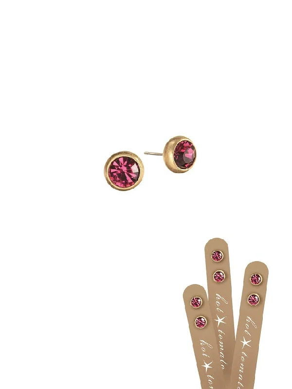 Ladies Earrings Dark Glow-Hot Tomato Rub-Over Style Stud Earrings -  Worn Gold/Fuchsia