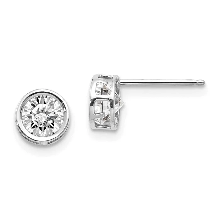 Ladies Earrings with Clear Natrolite-14k White Gold 5mm Round White Topaz Bezel Set Earrings