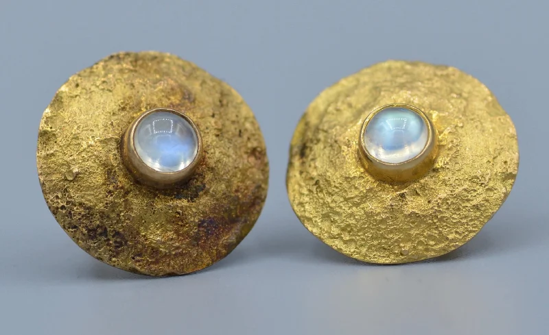 Ladies Earrings Thick Shine-14K yellow gold,hand hammered earrings bezel-set with moon stone