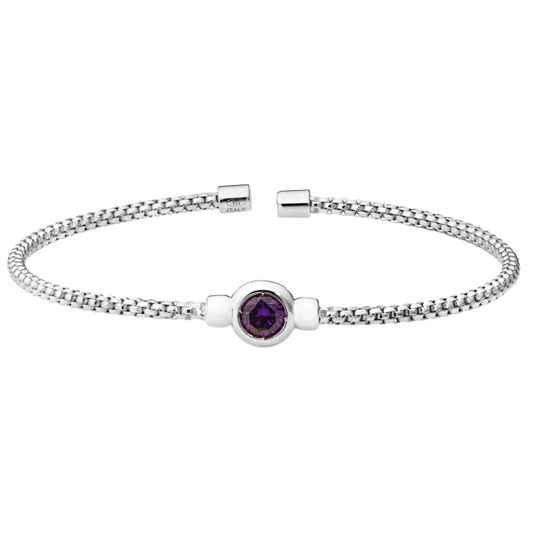 Ladies airy feather bracelets -Rhodium Finish Sterling Silver Rounded Box Link Cuff Bracelet with Bezel Set Simulated Amethyst Birth Gem