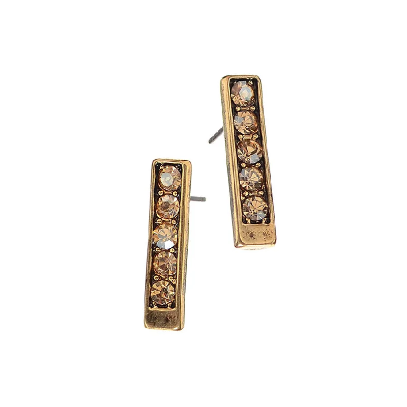 Ladies Earrings for Writer Shine-Hot Tomato Antique Gold Totem Studs with Five Champagne Crystals Earrings