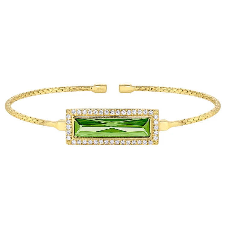 Ladies festive holiday bracelets -Gold Finish Sterling Silver Cable Cuff Bracelet with Rectangular Simulated Peridot Stone and Simulated Diamonds