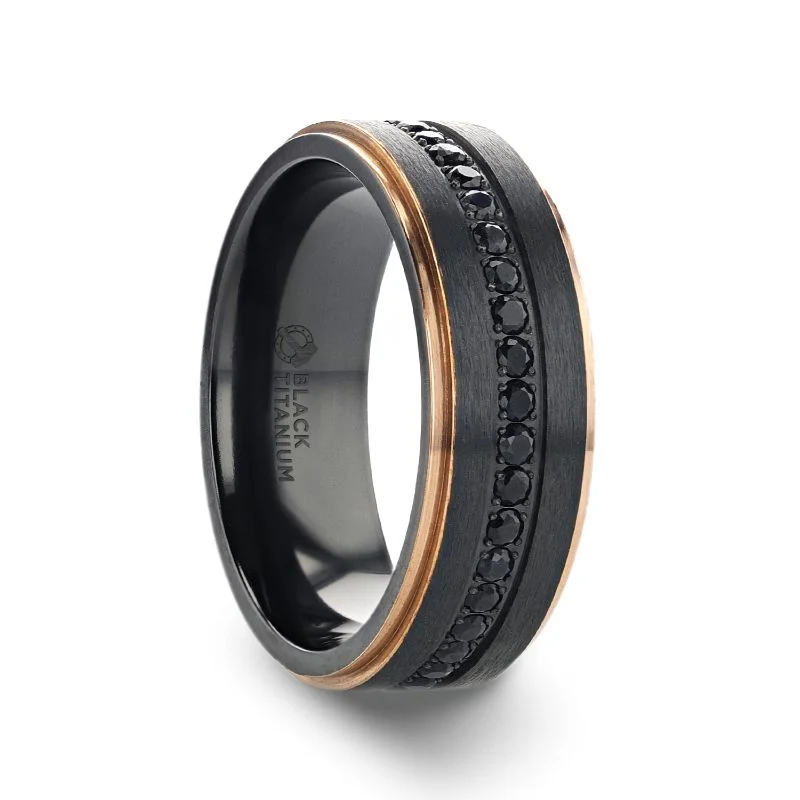 Ladies Rings for Mom Glow-Thorsten ASTRO Flat Brushed Black Titanium Ring Rose Gold Edge and Black Sapphire