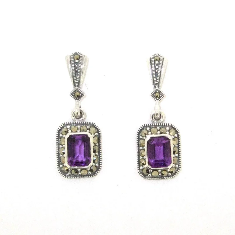 Ladies Earrings with Sky Topaz-Art Deco Amethyst Earrings Silver Marcasite Square Purple Crystal