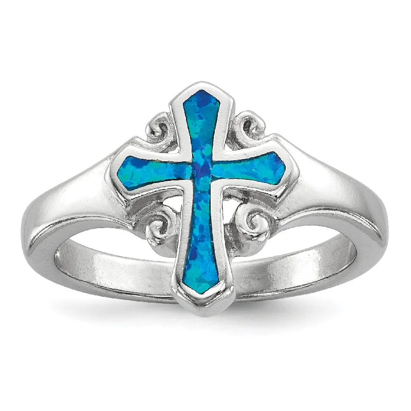 Ladies Rings Stackable Spark-Sterling Silver Blue Created Opal Inlay Cross Ring