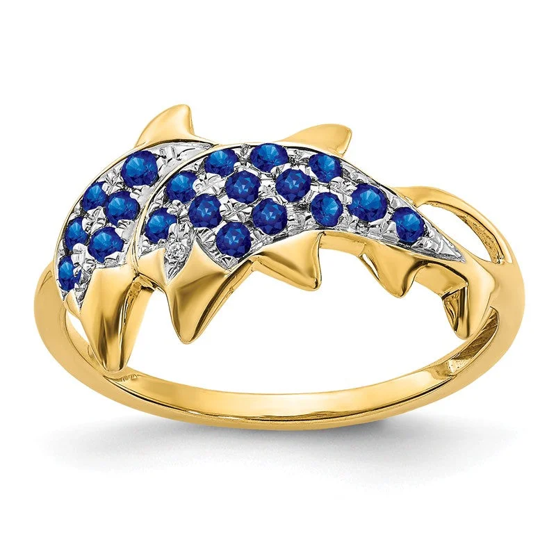 Ladies Rings with Green Clinozoisite-14K Yellow Gold Gold w/ Rhodium Detail Diamond & Blue Sapphire Dolphins Ring