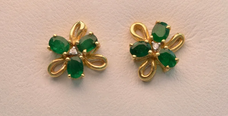 Ladies Earrings with Nebula Shine-14k yellow gold post earrings with Emeralds and diamonds