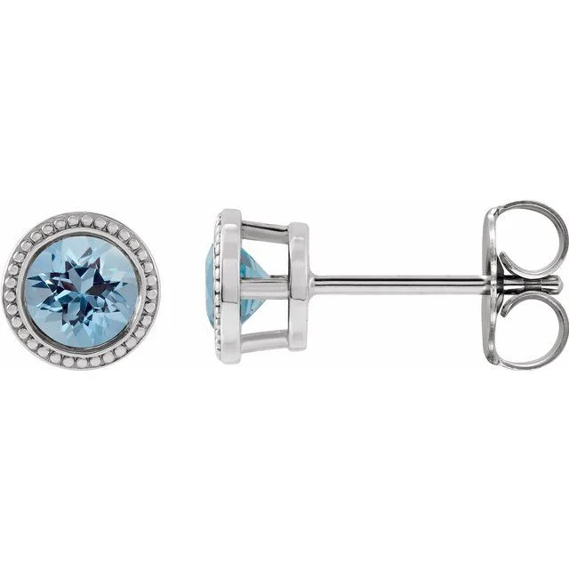 Ladies Earrings with Bead Spark-14K White Gold 3 mm Round Aquamarine Beaded Bezel-Set Earrings