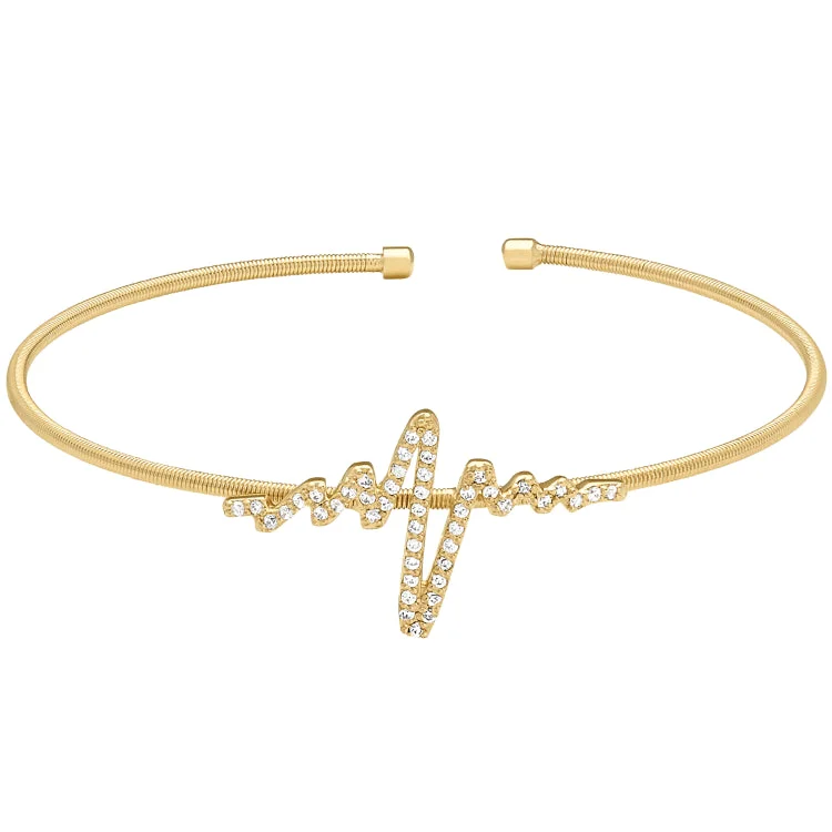 Ladies confident shine bracelets -Gold Finish Sterling Silver Cable Cuff Heartbeat Bracelet with Simulated Diamonds