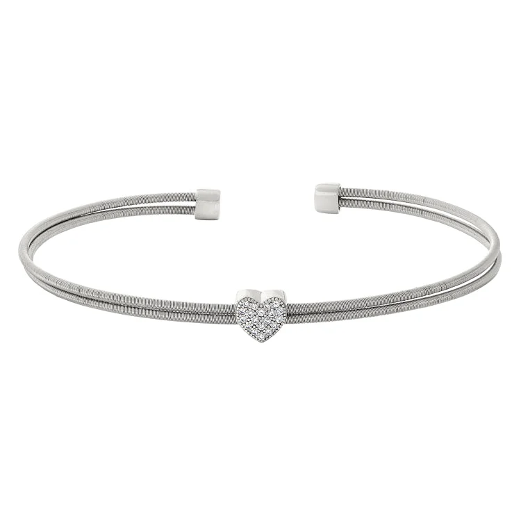 Ladies signature style bracelets -Rhodium Finish Sterling Silver Two Cable Cuff Bracelet with Simulated Diamond Heart