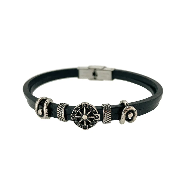 Ladies sturdy steel bracelets -Leather Cord Bracelet With Stainless Steel Nautical Design