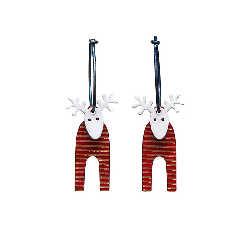 Ladies Earrings for Daily Spark-Lene Lundberg K-Form Red with Gold Stripe Reindeer Earrings