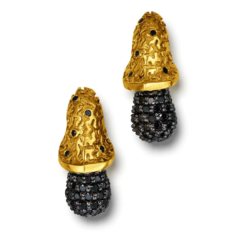 Ladies Earrings for Bride Spark-Gold Acorn Stud Earrings with Black Diamonds