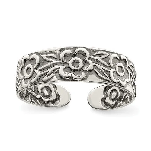 Ladies Rings Soft Glow-Sterling Silver Antiqued Flower 5mm Band Toe Ring