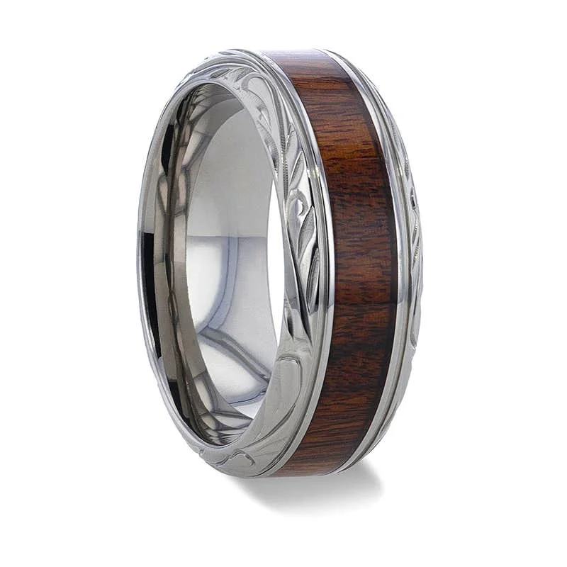 Ladies Engagement Rings with Xenotime Shine-Thorsten KRAFT Black Walnut Wood Inlay Detailed Beveled Edges Titanium Polished Wedding Ring - 8mm