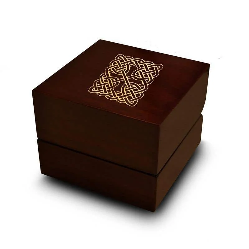 Ladies Engagement Rings Bezel Glow-Square Celtic Knot Engraved Wood Ring Box Chocolate Dark Wood Personalized Wooden Wedding Ring Box