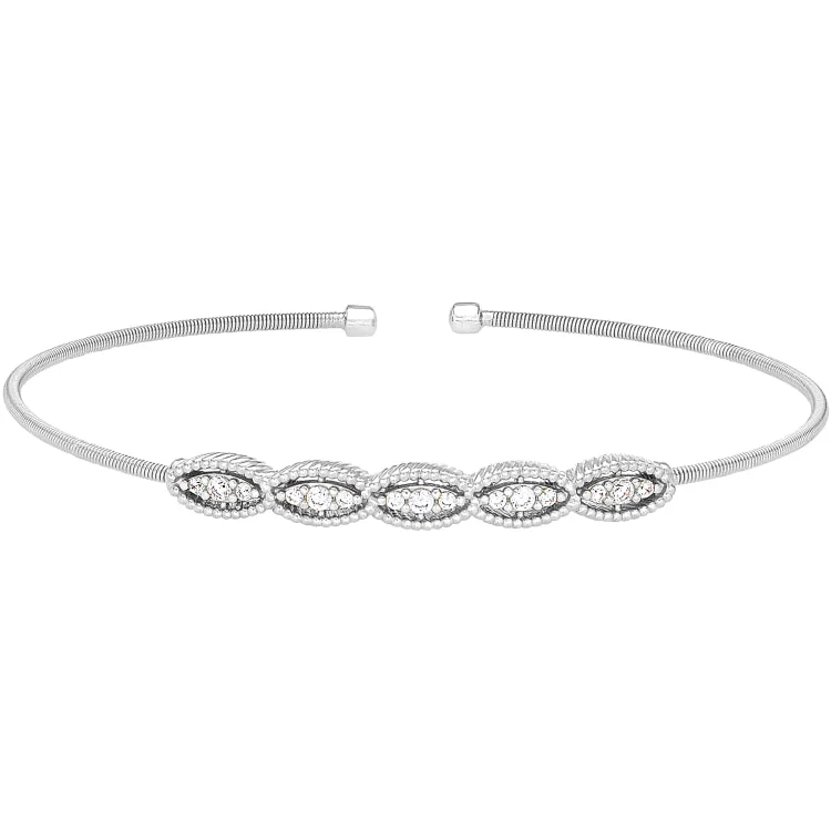 Ladies upscale gem bracelets -Rhodium Finish Sterling Silver Cable Cuff Bracelet with Five Simulated Diamond Marquise Shapes