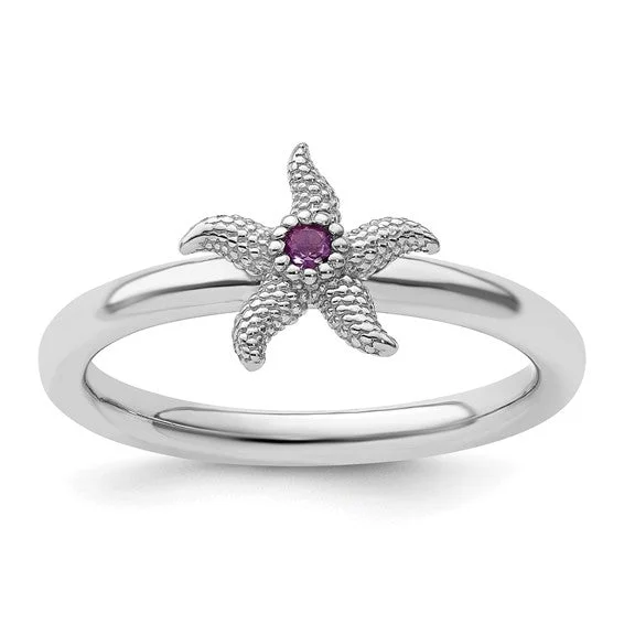 Ladies Rings with Pink Rhodonite-Sterling Silver Stackable Expressions Amethyst Starfish Ring