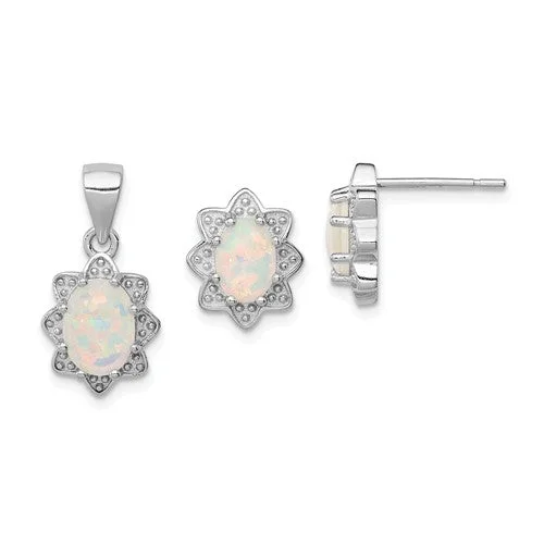 Ladies Earrings with Pink Petalite-Sterling Silver Created Opal Pendant & Earring Set