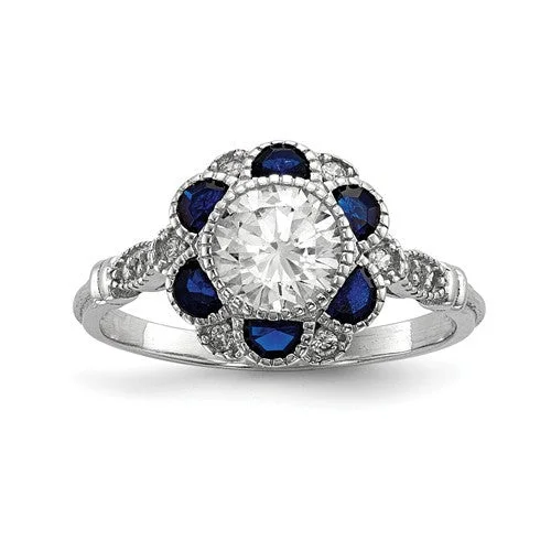 Ladies Rings with Bead Glow-Sterling Silver White CZ & Lab-Created Blue Sapphire Flower Ring