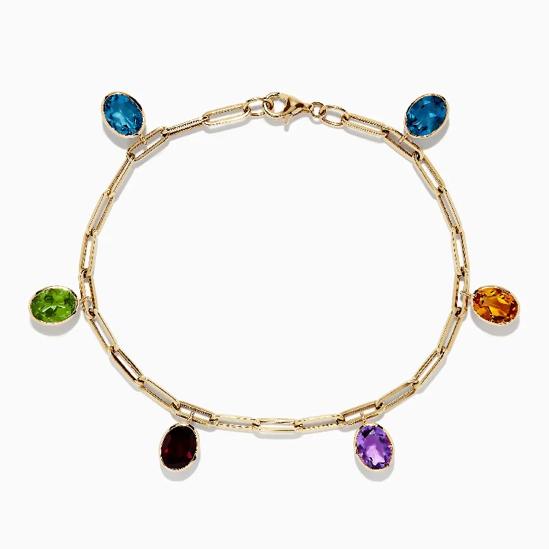 Ladies glossy pearl bracelets -Mosaic 14K Yellow Gold Multi Gemstone Charm Bracelet 7.72 TCW