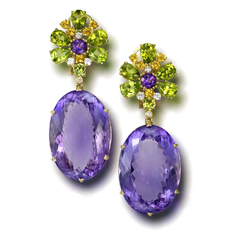 Ladies Earrings Thick Shine-Gold Blossom Earrings with Light Amethyst & Peridot