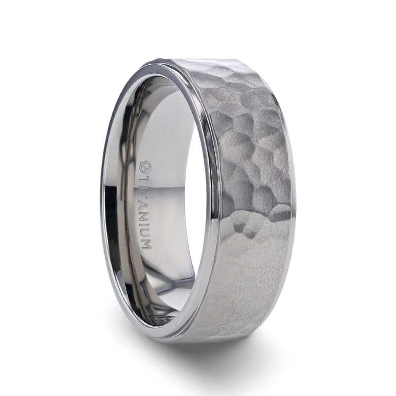 Ladies Rings for Pioneer Spark-Thorsten MINISTER Titanium Ring with Raised Hammered Finish and Polished Step Edges - 8mm