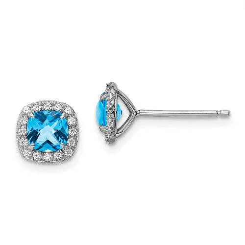 Ladies Earrings with Bronze Enstatite-Sterling Silver Cushion Blue Topaz & Created White Sapphire Halo Earrings