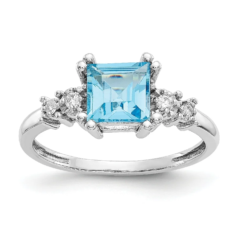 Ladies Rings Fine Glow-10k White Gold 6mm Square Princess Blue Topaz & Diamond Ring