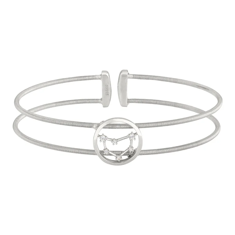 Ladies barely-there bracelets -Rhodium Finish Sterling Silver Cable Cuff Constellation Bracelet with Simulated Diamonds - Capricorn