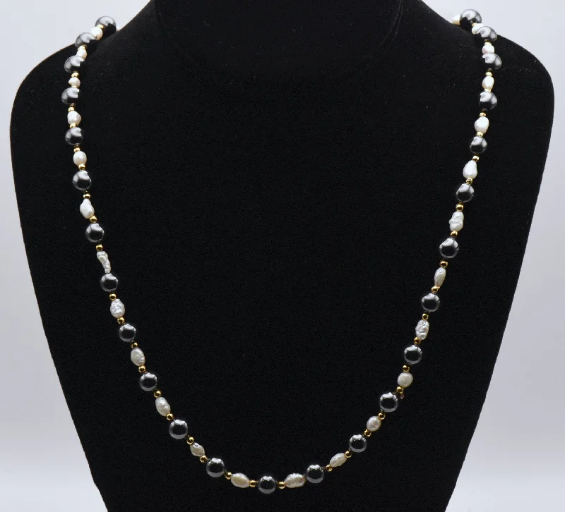 Jet black necklaces -Hematite and Freshwater Pearls Necklace - 24"