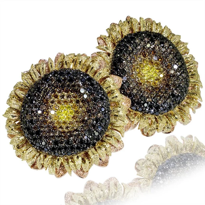 Ladies Earrings with Leaf Spark-Gold Sunflower Earrings with Color Diamonds