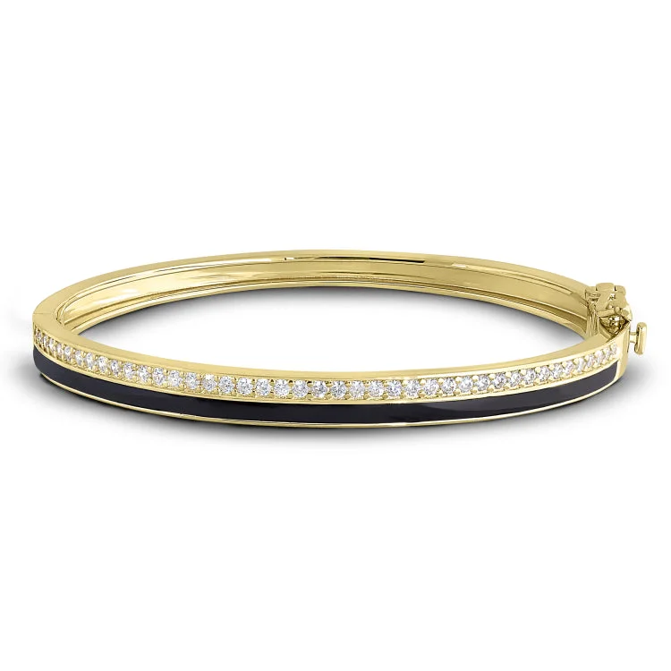 Ladies inscribed personalized bracelets -Gold Vermeil Sterling Silver Micropave Hinged Bangle Bracelet with with Black Enamel and Simulated Diamonds