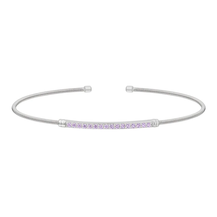 Ladies featherlight minimal bracelets -Rhodium Finish Sterling Silver Cable Cuff Bracelet with Simulated Light Amethyst Birth Gems - June