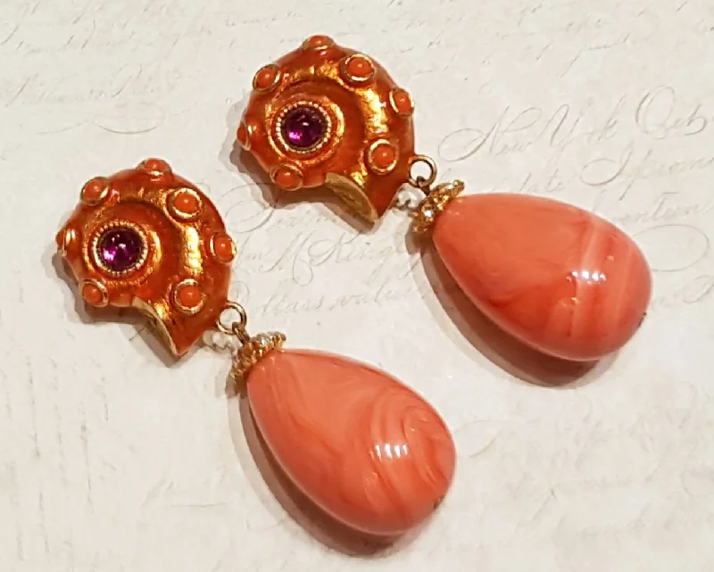 Ladies Earrings with Amber Scapolite-Yosca Seahsell Earrings Clip on Pink Coral Orange Chandelier Vintage