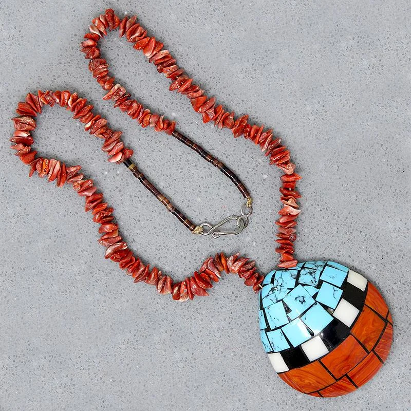 Artistic abstract necklaces -Pueblo Inlay Shell Pendant on Shell Tab Necklace